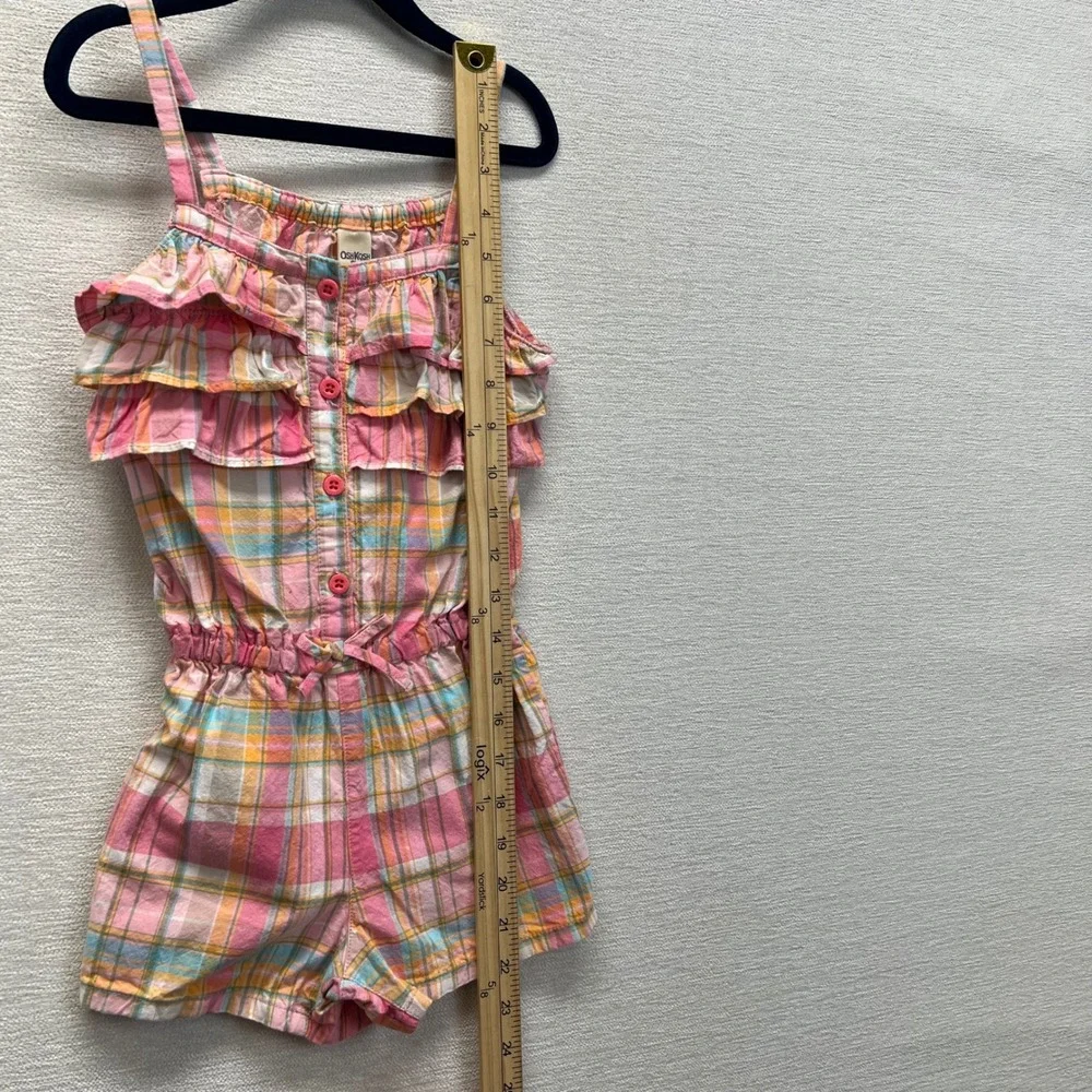 OshKosh B'gosh Girls Plaid Ruffle Romper VTG 90s Pink Elastic Waist Size 5